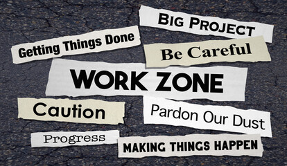 Work Zone Newspaper Headline Roadwork Job Site Alert Notice Warning 3d Illustration - obrazy, fototapety, plakaty
