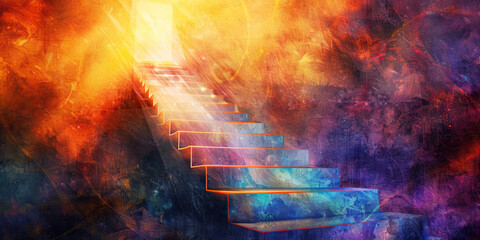 Enlightenment: The Ascending Staircase and Radiant Light - Visualize an ascending staircase with radiant light at the top, illustrating the journey towards spiritual enlightenment.