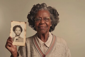 Senior Black woman standing, holding a worn photograph of her younger self