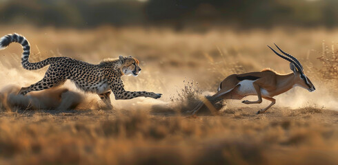 A cheetah chases an antelope in the savannah