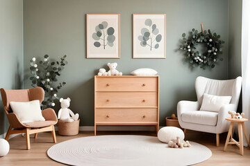 Stylish scandinavian newborn baby room with wooden cabinet, toys, children's armchair and pillow. Modern interior with eucalyptus background walls, wooden parquet and cotton balls. Cute home decor.