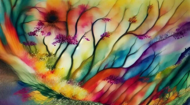 nature-inspired scene, showcasing the beauty of the changing seasons, with lush foliage, blossoming flowers with Alcohol ink painting, (60 fps 8 sec).