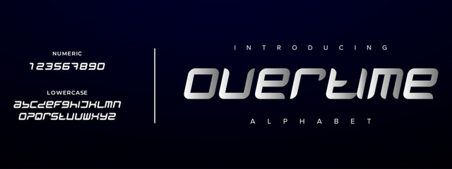 Fototapeta premium Creative overtime simple modern urban alphabet font. Digital abstract futuristic, logo, music, sport, minimal technology typography. Simple numeric vector illustration