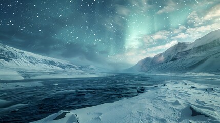In white snow, colorful stars twinkling, snow mountains, snow storms, rivers, aurora dancing.