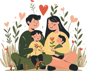 a couple with two children sitting on the grass