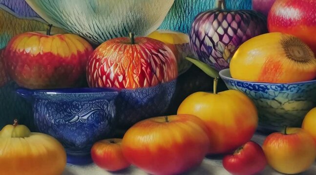 showcasing a lush assortment of fresh fruit, vegetables, and flowers, all painted in the vivid, organic forms of alcohol ink painting.(60 fps 8 sec)