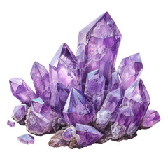 An image of a cluster of amethyst set against a transparent background isolated on transparent background