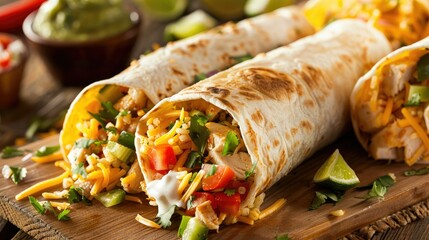 Get ready to indulge in a mouthwatering Mexican feast featuring a delectable array of tacos and burritos loaded with cheese onions juicy chicken zesty pico de gallo flavorful cilantro lime  - obrazy, fototapety, plakaty