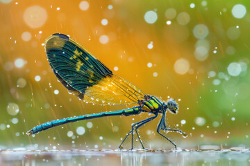 Exotic dragonfly with iridescent wings, resting on the surface of water dotted with raindrops, macro, colorful
