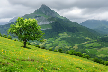 A tree on the grassy hills of France, with green fields and mountains in the background, springtime, mountain peak