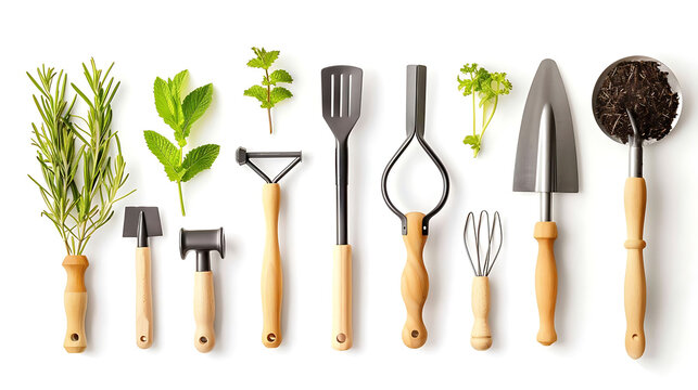 green thumbprints of various kitchen tools, including wood and black spatulas, a wood handle, and a