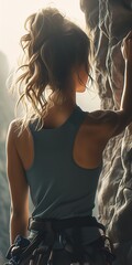 climbing rock face mountain background cute sportswear hair showing shoulder back looking away viewer right align pictured shoulders sales silken blonde profile tank top - obrazy, fototapety, plakaty