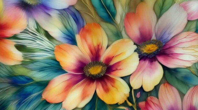 floral-inspired design, showcasing an array of blooms and foliage, all rendered in the rich, organic forms achievable with alcohol ink painting (60 fps 8 sec)