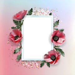 Postcard with a big blank sheet surrounded by poppies flowers on a pink background, silk blue ribbon aside, bokeh glitter floating, template for mother's day, March 8, Valentine