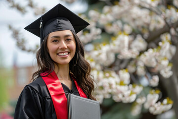Smiling female graduate holding a diploma, wearing a cap and gown with red tassel, with blooming trees in the background.
