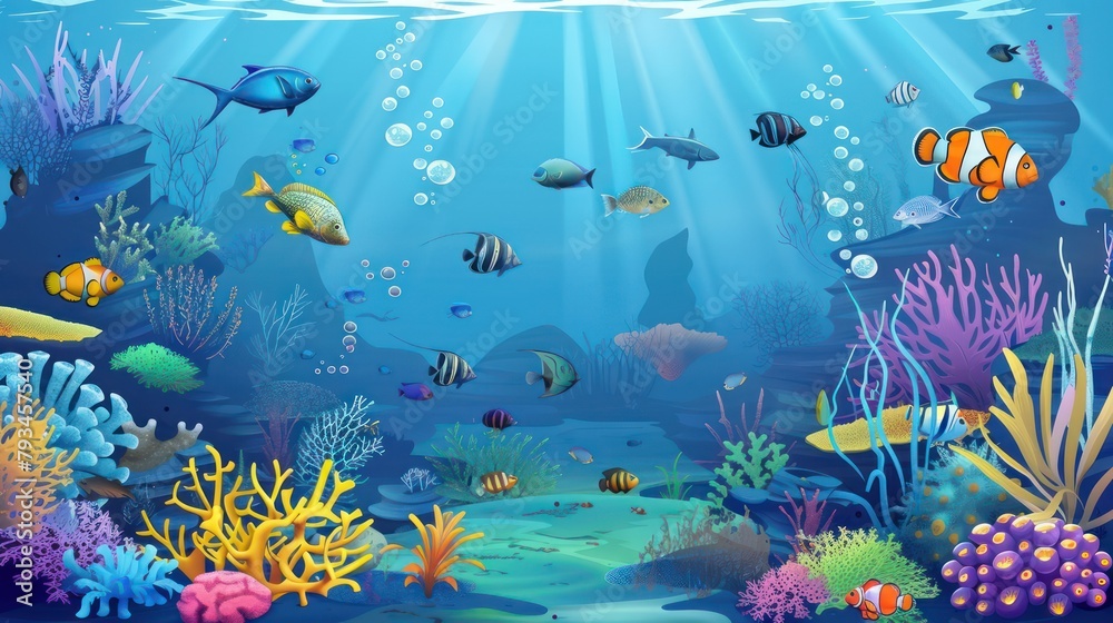 Wall mural Beautiful underwater view with fish and coral and sunlight