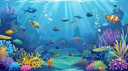 Beautiful underwater view with fish and coral and sunlight