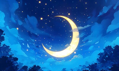 Naklejka premium illustration of a bright moon highlighting the night starry sky, Generative AI