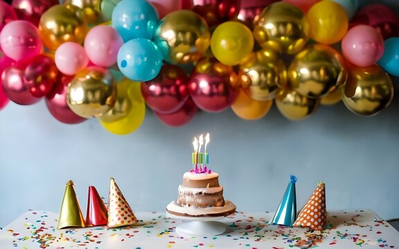 birthday party balloons, colourful balloons background and birthday cake with candles, photo, life stock, stock photos