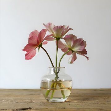 pink flowers in a glass vase, in the style of multi-coloured minimalism, life stock, stock photos