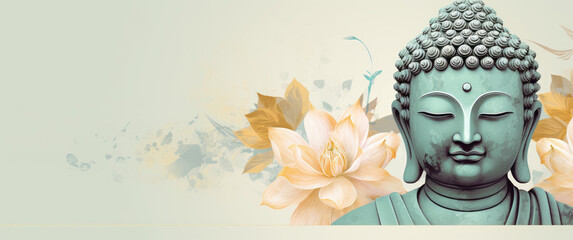 golden buddha face and 3d Modern line art floral design with white flowers and leaves on a pastel background