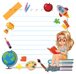 Girl reading book surrounded by educational icons - 793458310