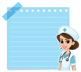 Cartoon nurse smiling beside a blank clipboard - 793458313