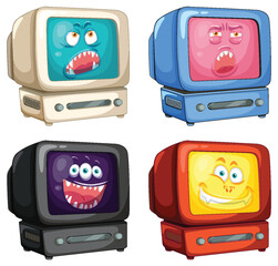 Four vintage TVs with expressive cartoon faces - 793458372