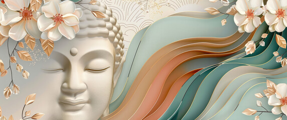 golden buddha face and 3d Modern line art floral design with white flowers and leaves on a pastel background