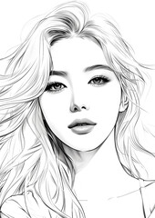 Female virtual K-pop idol coloring book. Korean Girls model with black and white line.