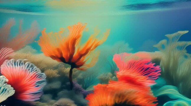 A dreamy, underwater scene, capturing the fluidity and movement of diverse marine life, all painted in the vibrant, flowing colors of alcohol ink.(60 fps 8 sec.)