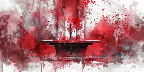 Sacrifice: The Altar and Bloodied Knife - Visualize an altar with a bloodied knife, illustrating the willingness of cult members to make sacrifices for their beliefs - obrazy, fototapety, plakaty