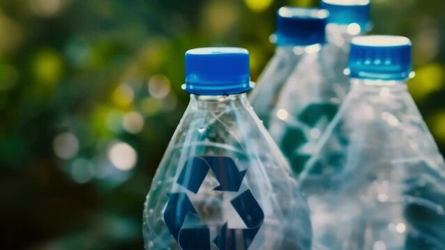 Closeup of a recycling symbol on a plastic bottle noting the importance of implementing recycling programs and regulations to reduce plastic waste. The symbol serves as a reminder .