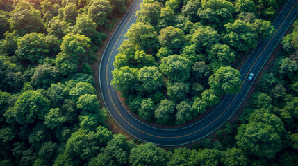 Aerial view of a winding road through the forest. Top view