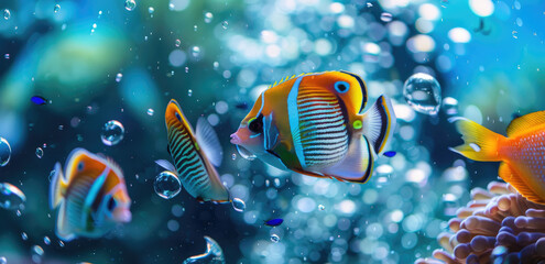 Beautiful tropical fish school swimming in the ocean, with a blue background and sunlight reflection