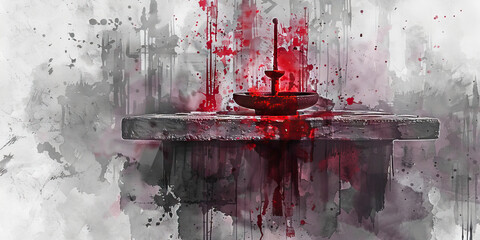 Sacrifice: The Altar and Bloodied Knife - Visualize an altar with a bloodied knife, illustrating the willingness of cult members to make sacrifices for their beliefs - obrazy, fototapety, plakaty