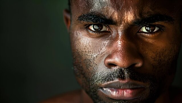 A closeup portrait of a determined black man his intense gaze conveying the ecstasy of achieving his goals. His sharp features and confident stance show the determination and hard .