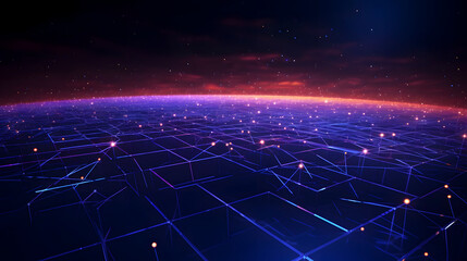 Obraz premium Digital technology dots and lines grid as detailed glowing neon landscape PPT background