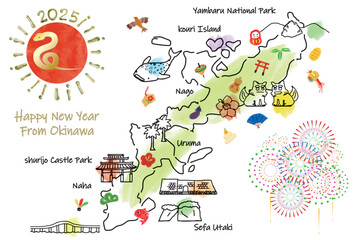 沖縄県の観光地のイラストマップ年賀状2025年