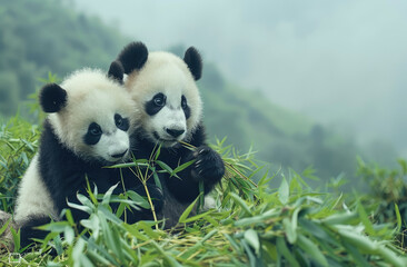 two pandas eating bamboo on the grassy ground, with green grass and a rocky cliff in the background...