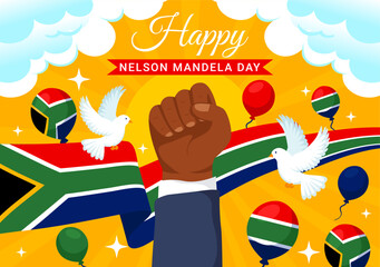Happy Nelson Mandela International Day Vector Illustration on 18 July with South Africa Flag and Ribbon in Flat Cartoon Background Design - obrazy, fototapety, plakaty