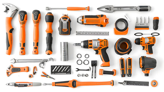 home improvement tools, including orange and black / orange scissors, are arranged on a transparent