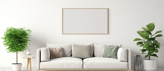 Comfortable living room with a couch, plants, and a picture frame on the wall - obrazy, fototapety, plakaty