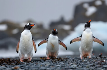 A penguin and two other animals dancing on the rocks of Antarctica