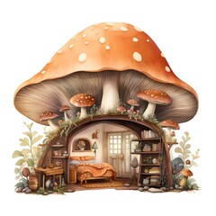 Fantasy fairy tale house with mushrooms isolated on white background. Vector illustration