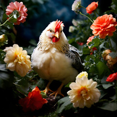 꽃 사이에 앉아있는 닭