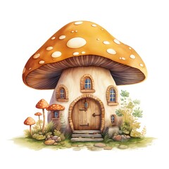Mushroom house. Watercolor illustration isolated on white background.