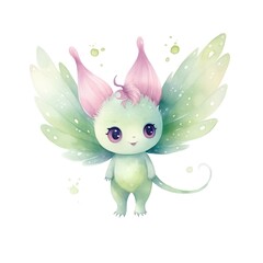 Watercolor cute cartoon green fairy with wings isolated on white background.