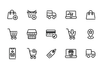 E-commerce Marketplace icon set. Online shopping and cart elements. E-business symbol. Outline icons vector collection.