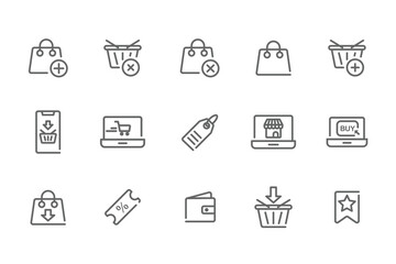 E-commerce Marketplace icon set. Online shopping and cart elements. E-business symbol. Outline icons vector collection.